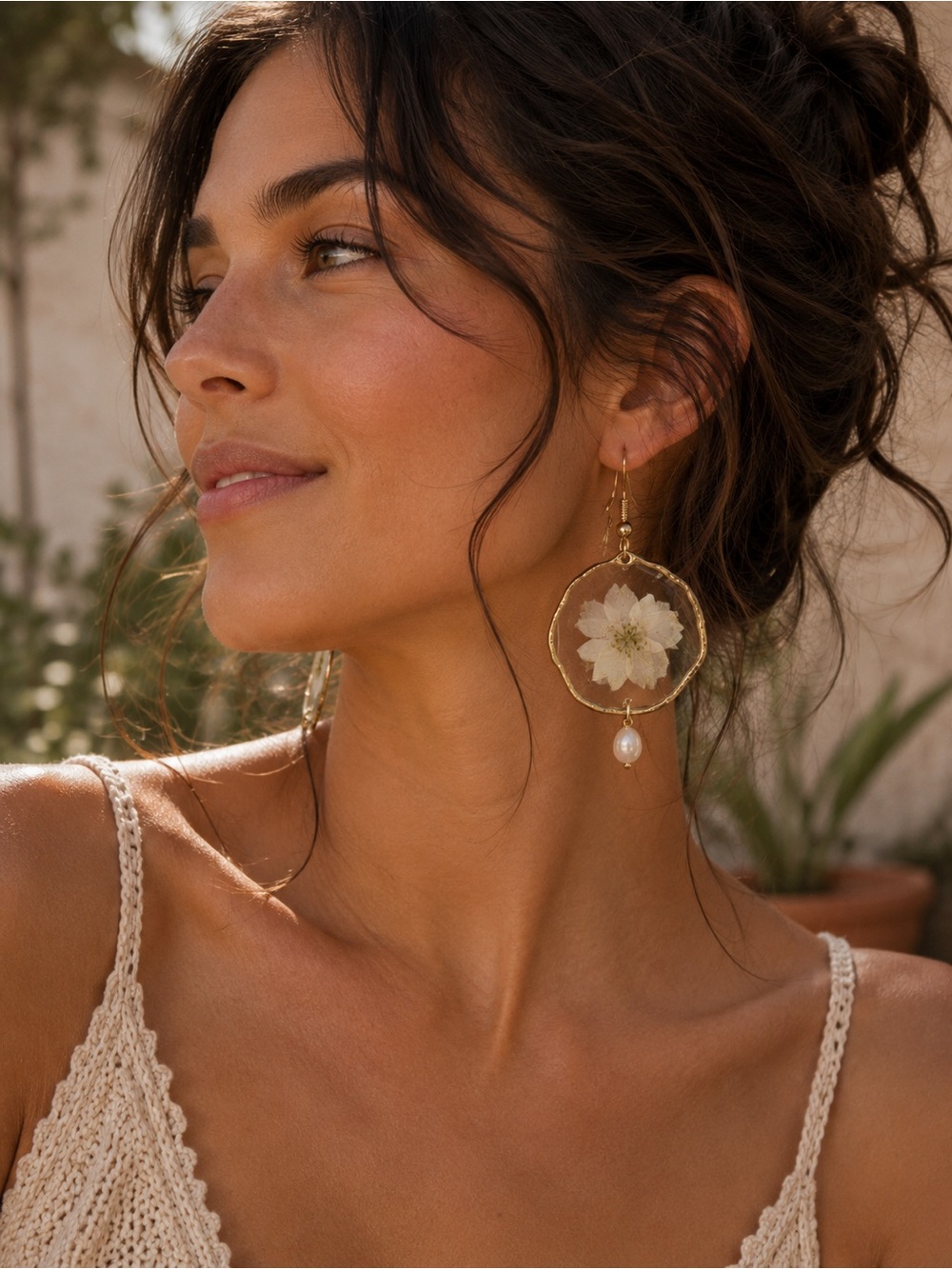 E6 Handmade Real Pressed Flower Resin Earrings | Gold Floral Botanical Jewelry - Picture 3 of 3